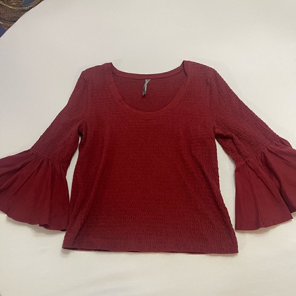 Anthropologie Womens Smocked Bell Sleeve Top Shirt Blouse Wine Red Burgundy XL